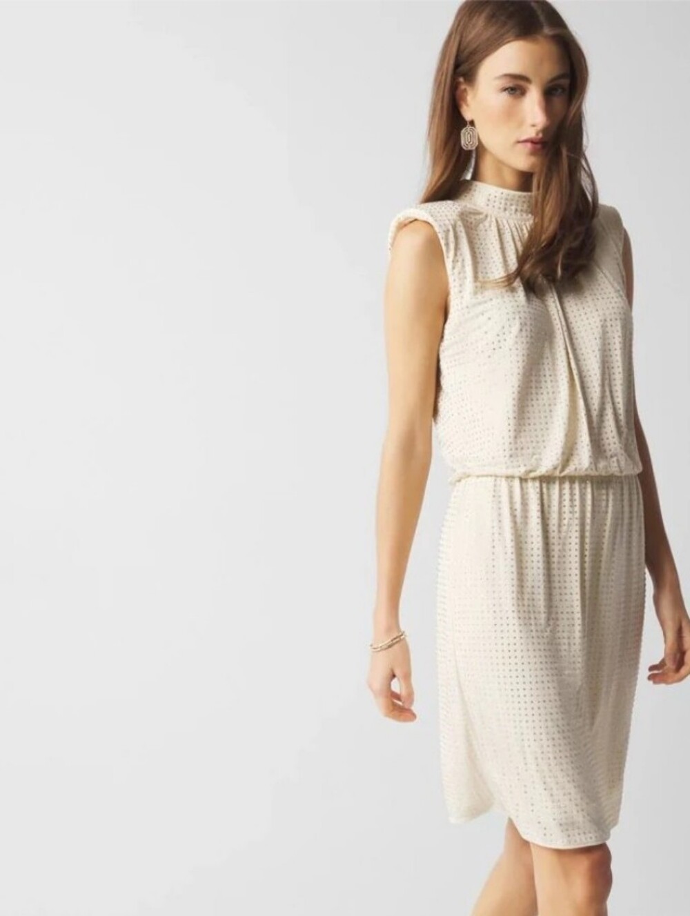 White House Black Market Cream Rhinestone Sleeveless Midi Dress